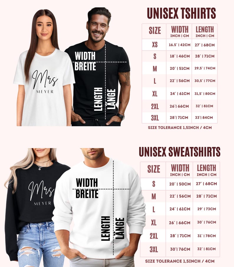 Peut inclure: Deux t-shirts noir et blanc avec le texte "Mrs. Meyer" sur le devant. Un tableau des tailles pour t-shirts et sweats unisexes est pr&eacute;sent&eacute; sous les images. Le tableau indique la largeur et la longueur de chaque taille en pouces et en centim&egrave;tres. La tol&eacute;rance de taille est de 1,5 pouce ou 4 centim&egrave;tres.