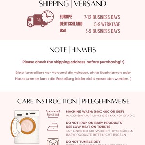 Peut inclure: Un graphique avec des instructions pour laver, repasser et s&eacute;cher les v&ecirc;tements. Le graphique comprend des ic&ocirc;nes pour le lavage en machine, le repassage et le s&eacute;chage en machine. Le texte indique "Machine Wash: (Max 40C or 105F) Waschbar auf Links bis Max. 40&deg; Grad C", "Do Not Iron on Baby Products Use Low Heat on Tshirts Auf Links bei schwacher Hitze b&uuml;geln Babyprodukte bitte nicht b&uuml;geln", and "Do Not Tumble Dry Bitte nicht in den Trockner geben".