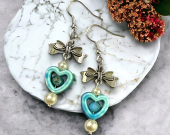 Turquoise Heart with Bow Ceramic earrings, Ceramic dangle Earrings, Heart Dangle Earrings, Porcelain Earrings, Coquette earrings