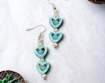 Turquoise Heart Ceramic earrings, Ceramic dangle Earrings, Heart Dangle Earrings, Porcelain Earrings