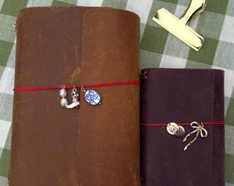 Personalized Custom Leather-bound Handmade Cover: Refillable Traveler’s Journal with Embossing and Charms