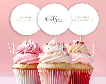 Mockup di topper per cupcake per compleanni, mockup di topper per cupcake per baby shower, mockup di cupcake rosa, mockup di cupcake a 3 cerchi per feste per bambini