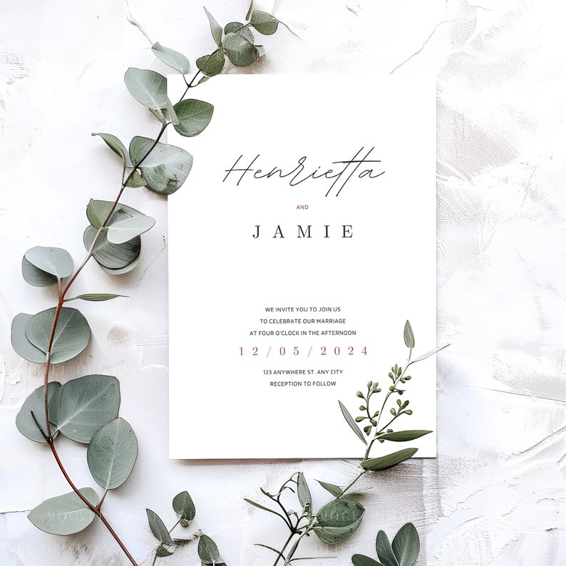 Puede incluir: Invitaci&oacute;n de boda con fondo blanco y follaje verde. La invitaci&oacute;n dice "Henrietta y Jamie" con la fecha "12/05/2024" en color cobre.