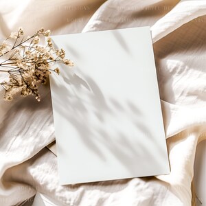 Puede incluir: Una tarjeta blanca en blanco con sombras suaves proyectadas sobre ella, que se encuentra sobre una tela de color crema con flores secas en la esquina.