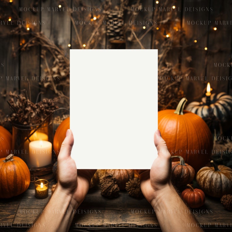 Op de afbeelding: Een witte kaartmockup vastgehouden door handen voor een rustieke houten achtergrond met pompoenen, pompoenen en kaarsen. De achtergrond is versierd met herfstbladeren en lichtslingers.