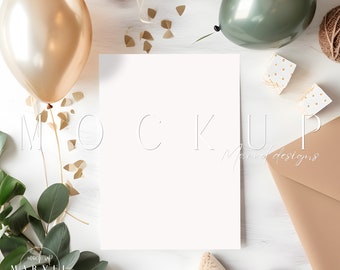 Birthday Invitation Mockup, 5X7 Inch Mockup, PSD JPEG, Boho Flatlay, Suitable For Baby Shower, Birthday, Greeting Card Mockup, Kids Party