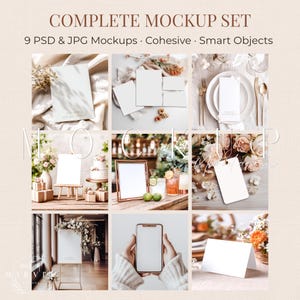 Könnte beinhalten: Ein komplettes Mockup-Set mit neun PSD- und JPG-Mockups. Das Bild zeigt verschiedene leere Karten, einen Bilderrahmen und ein Smartphone, die in verschiedenen Umgebungen angeordnet sind. Der Text oben lautet "COMPLETE MOCKUP SET".
