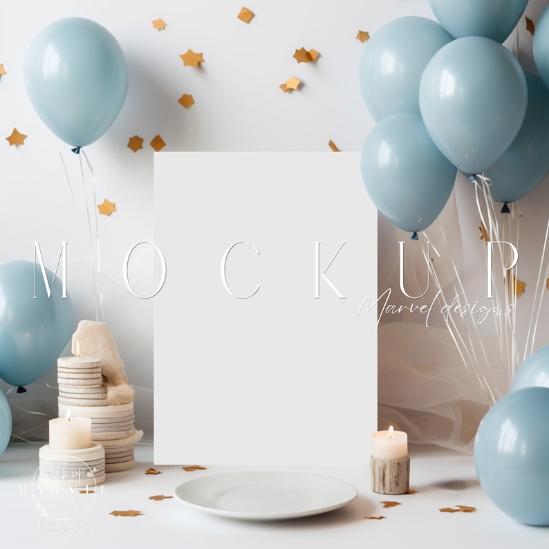 May include: A white card mockup with the word "MOCKUP" in white text on a white background. The card is surrounded by light blue balloons and gold confetti. There is a white plate and a candle on a wooden base in front of the card.