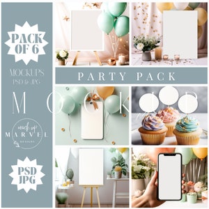 Paquete de maquetas de invitación de cumpleaños, paquete para fiestas, maqueta de tarjeta de 5x7, maqueta de letrero, maqueta de adorno para cupcakes, maqueta de 8x10, smartphone de cumpleaños, verde