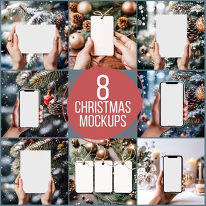 Mockup de cartão de Natal, Mockup de cartão de Natal, Pacote de inverno, Cartões de Natal, Mockup de cartão 7x5, Mockup de telefone, Mockup de etiqueta de presente