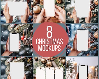 Christmas Card Mockup, Holiday Card Mockup, Winter Bundle, Christmas Greeting Cards, 7x5 Card Mockup, Phone Mockup, Gift Tag Mockup
