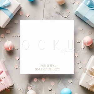 Geburtstagskarte Mockup | Flat Lay Karten MockUp | Quadratische Karte Mockup | Leere weiße Karte Mockup | Quadratische Einladung Mockup | Briefpapier Mockup