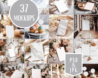 May include: A set of 37 mockups featuring various blank templates for branding and design projects. The mockups showcase different styles and settings, including floral arrangements, candles, and a variety of surfaces. The mockups are available in PSD and JPG formats.