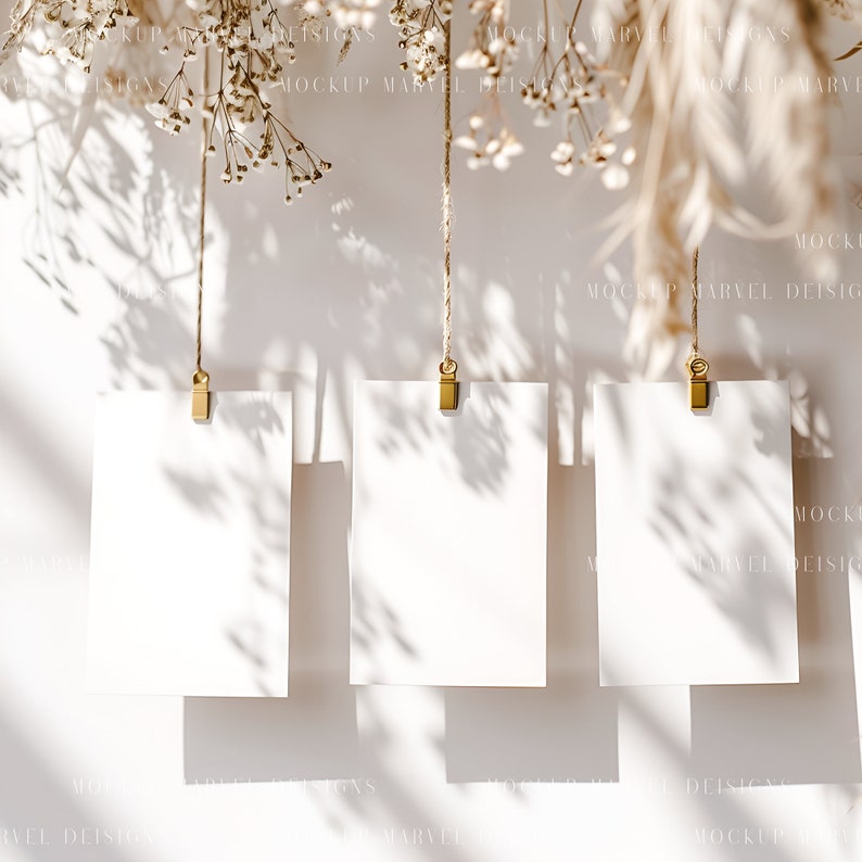 May include: Three blank white cards hanging from twine with gold clips against a white background. Dried flowers hang above the cards, casting shadows on the cards and background.