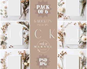 May include: A set of six mockup images featuring a white card with dried flowers and greenery on a white background. The text "PACK OF 6", "6 MOCKUPS PSD & JPG", "CK", "mock up MARVEL DESIGNS", and "PSD JPG" is included in the image.