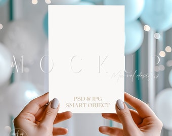 Invitation Mockup With Hands Kids Invite Mockup Card 7X5 Hand Holding Card Mockup Invitation Mockup For Baby Shower Blue and Green Mockup