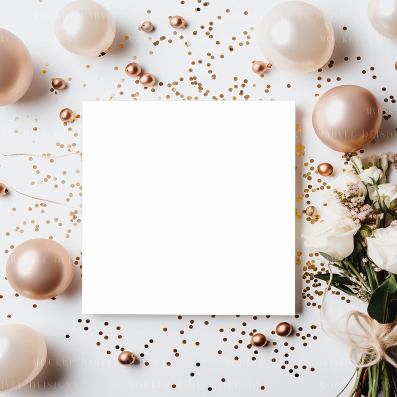 May include: A white card mockup with gold confetti, white and beige balloons, and a bouquet of white roses.