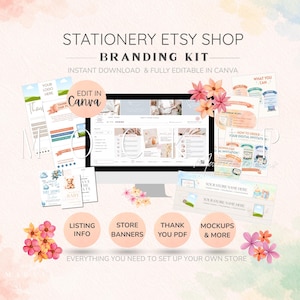May include: A branding kit for an Etsy shop, featuring a computer monitor displaying a website design. The image includes templates for listing info, store banners, thank you PDFs, and mockups. Text includes "Stationery Etsy Shop Branding Kit" and "Edit in Canva."