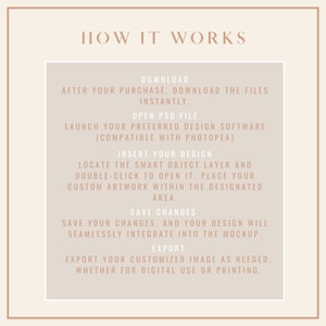 May include: A beige graphic with the text "HOW IT WORKS" in black. The graphic explains how to use a digital mockup file. It includes steps like downloading the file, opening it in a design software, inserting your design, saving changes, and exporting the final image.