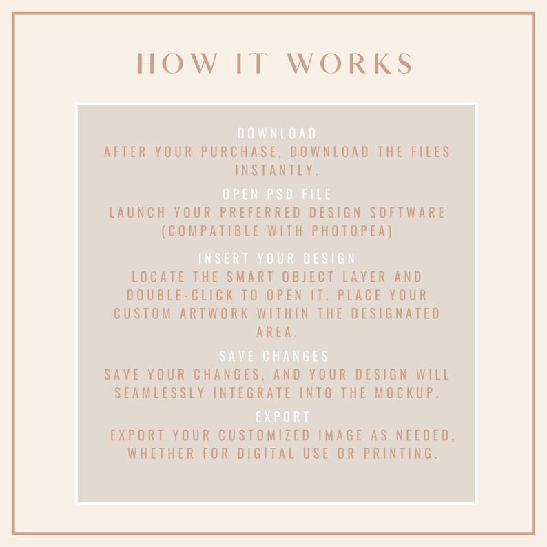 May include: A beige graphic with the text "HOW IT WORKS" in black. The graphic explains how to use a digital mockup file. It includes steps like downloading the file, opening it in a design software, inserting your design, saving changes, and exporting the final image.