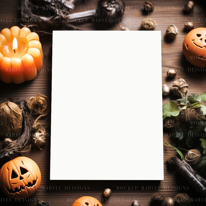 Op de afbeelding: Een witte kaart mockup met een Halloween-thema. De kaart is omringd door herfstbladeren, pompoenen en een brandende kaars.