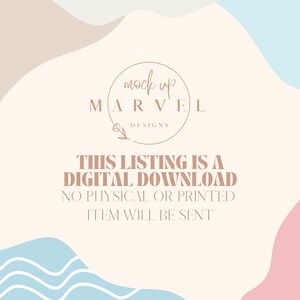 Op de afbeelding: Een digitale download-afbeelding met een roze, witte en blauwe achtergrond. De afbeelding bevat een cirkel met de tekst "mock up MARVEL DESIGNS" en de tekst "THIS LISTING IS A DIGITAL DOWNLOAD NO PHYSICAL OR PRINTED ITEM WILL BE SENT".