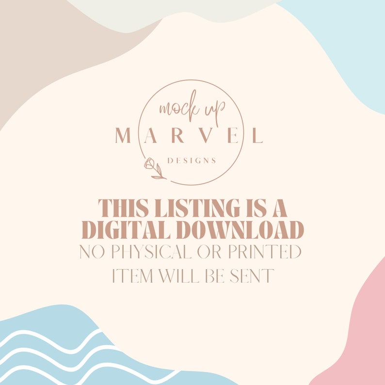Op de afbeelding: Een digitale download-afbeelding met een roze, witte en blauwe achtergrond. De afbeelding bevat een cirkel met de tekst "mock up MARVEL DESIGNS" en de tekst "THIS LISTING IS A DIGITAL DOWNLOAD NO PHYSICAL OR PRINTED ITEM WILL BE SENT".