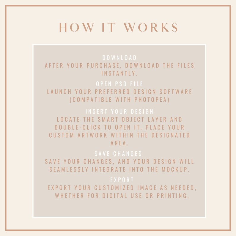 May include: A beige graphic with the text "HOW IT WORKS" in black. The graphic explains how to use a digital product. It includes steps like downloading, opening a PSD file, inserting a design, saving changes, and exporting.