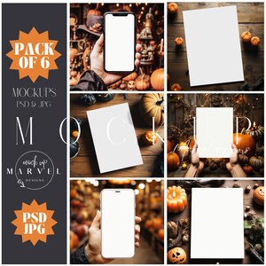 Op de afbeelding: Een set van zes Halloween-thema mockups met een smartphone, een witte kaart en pompoenen op een houten achtergrond. De mockups zijn perfect om uw ontwerpen of producten te presenteren.