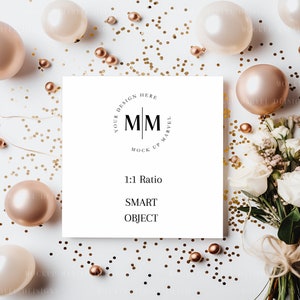 May include: A white card with a black circle containing the letters "MM" and the text "Your Design Here Mock Up Marvel 1:1 Ratio Smart Object". The card is surrounded by gold confetti and balloons.