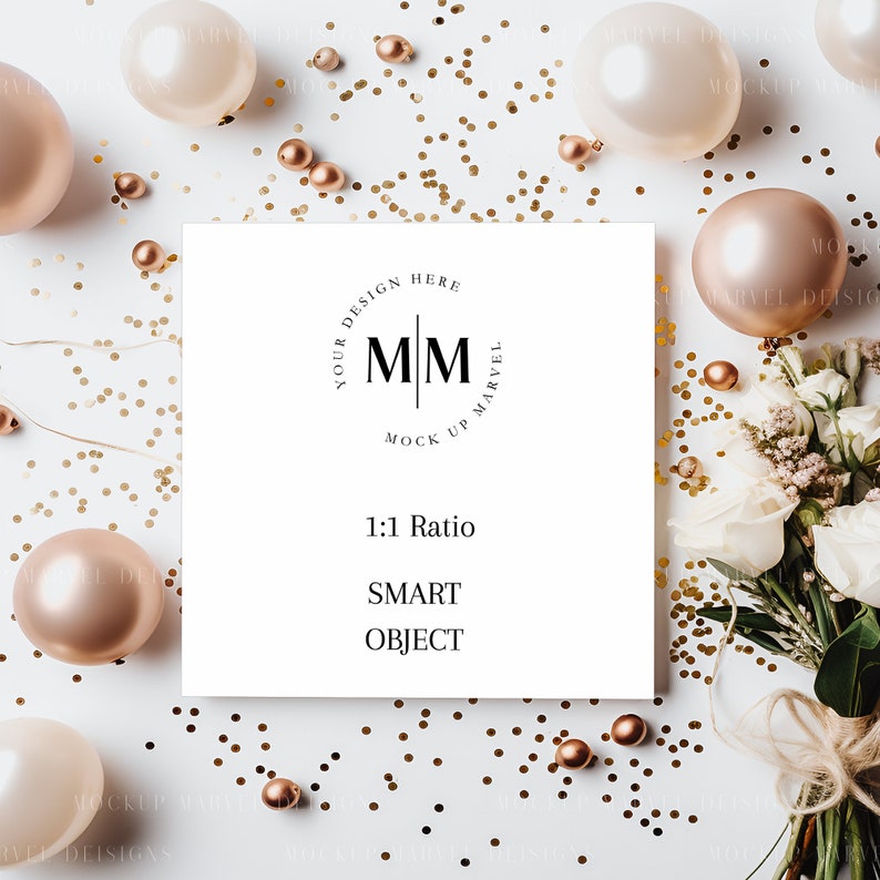 May include: A white card with a black circle containing the letters "MM" and the text "Your Design Here Mock Up Marvel 1:1 Ratio Smart Object". The card is surrounded by gold confetti and balloons.
