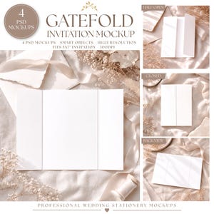 Puede incluir: Un conjunto de cuatro maquetas PSD de invitación tipo gatefold con un diseño de tarjeta blanca en blanco de 12,7 x 17,8 cm. La muestra incluye una tarjeta abierta, entreabierta, cerrada y una vista trasera, con objetos inteligentes de alta resolución.