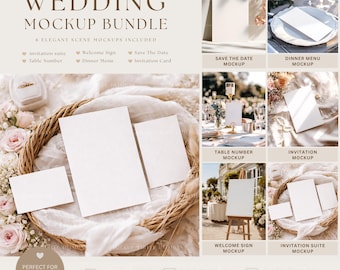Puede incluir: Un paquete de maquetas de boda con seis maquetas de escenas elegantes, que incluyen suites de invitación, números de mesa y menús de cena. La imagen presenta una variedad de maquetas con tarjetas en blanco, un letrero de bienvenida y una tarjeta de guardar la fecha. El texto dice "Wedding Mockup Bundle."