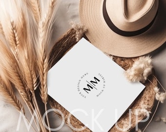 May include: A white card with a logo that says "M/M YOUR DESIGN HERE" in a circle. The card is on a woven straw mat with a straw hat and dried wheat stalks.