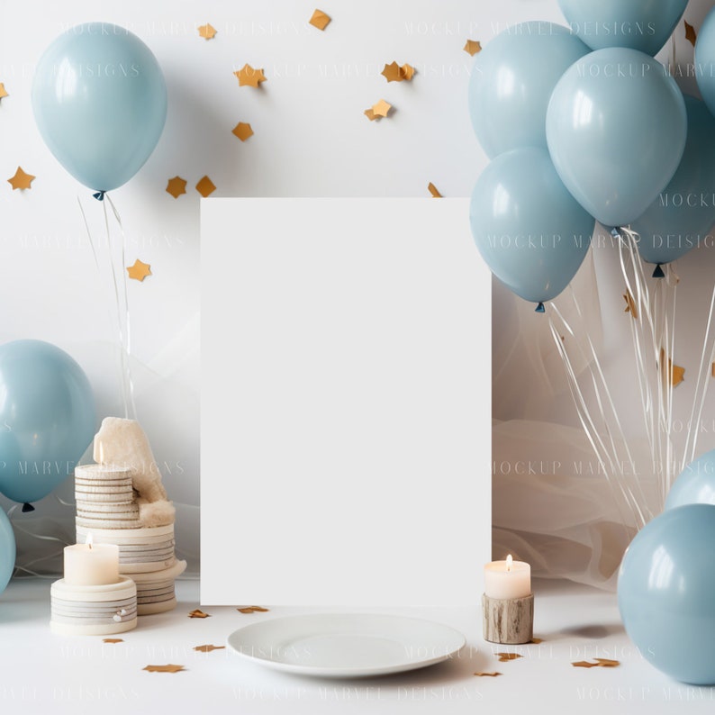 May include: A white card mockup with a white plate and two candles on a white surface. The background is a white wall with blue balloons and gold stars.