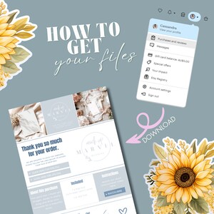 May include: A pink and white graphic with the text "How to Get Your Files" and a sunflower graphic. The graphic also includes a mock-up of a white card with a floral design and a mock-up of a white book. The graphic also includes the text "Thank you so much for your order." and "Click here for PSD file" and "Click here for JPG file".
