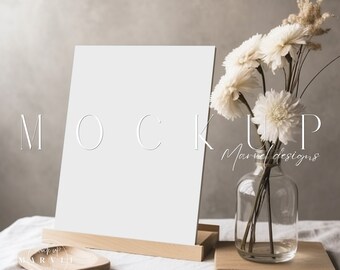 May include: A white square mockup frame with a wooden base, standing on a white linen tablecloth. A vase with dried white flowers sits on a wooden coaster to the right of the frame. The text "MOCKUP" is written in white on a gray background behind the frame. The text "Marvel designs" is written in white below the frame.