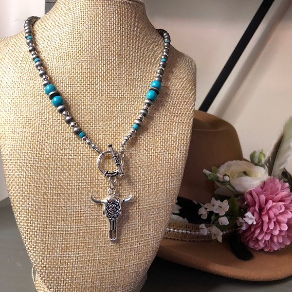 NAVAJO STYLE CHOKER turquoise Bull Skull Pendant | Southwestern Jewelry | Cow Skull Necklace Cowgirl Necklace | Necklace Accessories