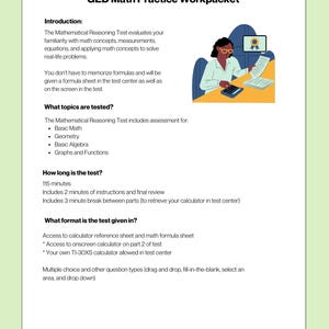 May include: A white GED Math Practice Workpacket with black text. The document includes an introduction, topics tested, and test format details. An illustration shows a person using a calculator and computer. The document is from Executive Function Solutions on Etsy.
