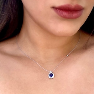18K White Gold Blue Sapphire and Diamond Pendant Chain Necklace/ A Luxury Gift For Her/ Fancy Diamond and Sapphire Necklace/ Birthday Gift