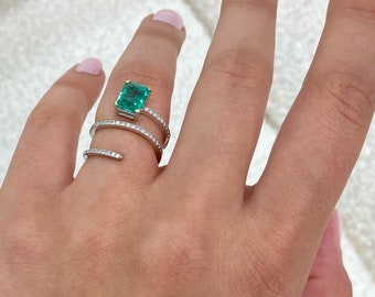14K Solid White Gold Emerald en Diamond Layer Ring / Elegante Emerald en Diamond Ring / Emerald Ring / Moederdag Cadeau / Verlovingsring /