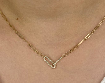 14k Yellow Gold Diamond Paperclip Necklace, Trendy Link Pendant