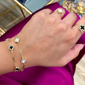 Link Bracelet/14K Solid Yellow Gold Clover Paperclip Bracelet/Yellow Gold Flower Bracelet/Trendy Yellow Gold Paperclip Bracelet/Birthday Gi