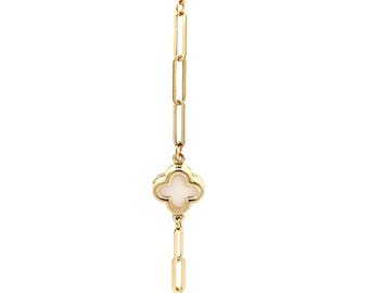 14K Solid Yellow Gold Clover Paperclip Bracelet