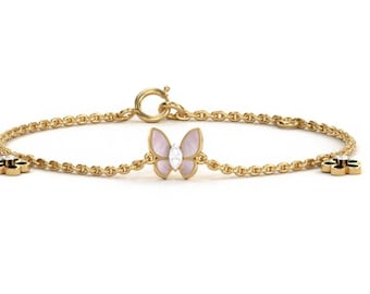 14K Solid Yellow Gold Natural Diamond Butterfly and Dangling Flowers Bracelet, dainty Diamond Bracelet, Birthday Gift, Anniversary gift