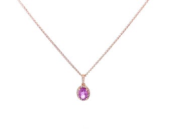 14K Rose Gold Oval Pink Sapphire and Diamond Pendant Necklace