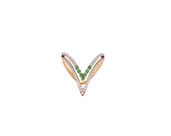 18K Yellow Gold Tsavorite and Diamond V Shape Ring