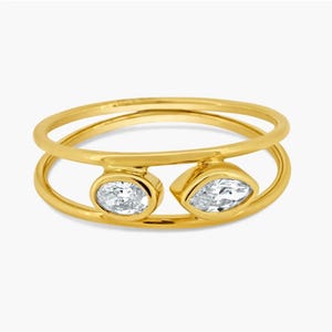 14K Gold Dainty Double Diamond Ring/ Trendy Two Stone Diamond Ring/ Diamond Promise Ring/ Anniversary Gift/ Fancy Birthday Gift