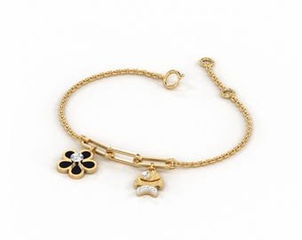 Baumelnde Blume und Fisch Diamant Paperclip Armband