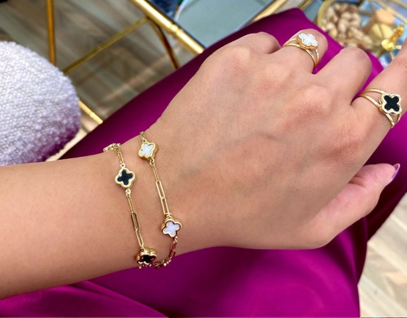 Link Bracelet/14k Solid Yellow Gold Clover Paperclip